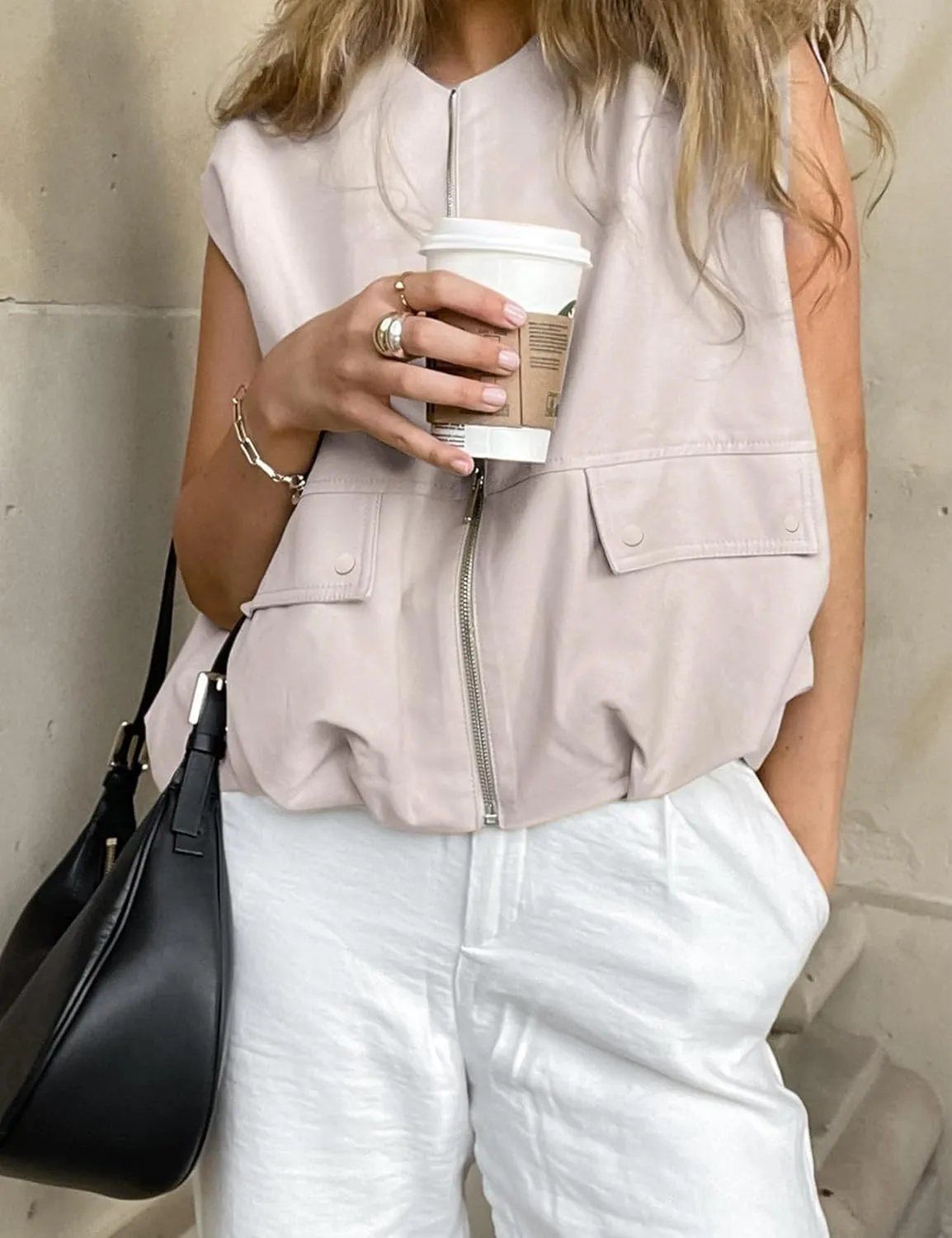 Women Cargo Vest Oversize Cropped Sleeveless Jacket Lightweight Ruffle Ruched Fashion Tops Summer Casual Zip Up Outfit