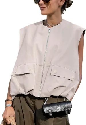 Women Cargo Vest Oversize Cropped Sleeveless Jacket Lightweight Ruffle Ruched Fashion Tops Summer Casual Zip Up Outfit