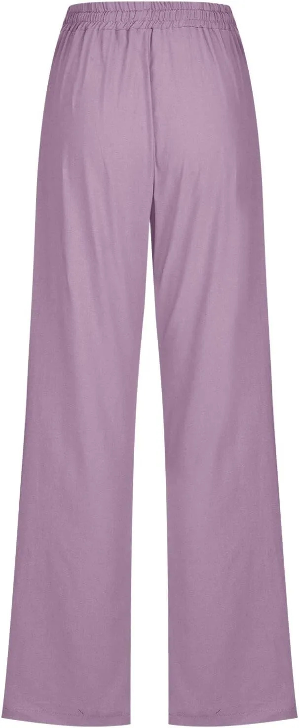 Women Cotton Linen Pants Straight Leg High Waisted Drawstring Pants Summer Casual Lightweight Trousers Beach Pants