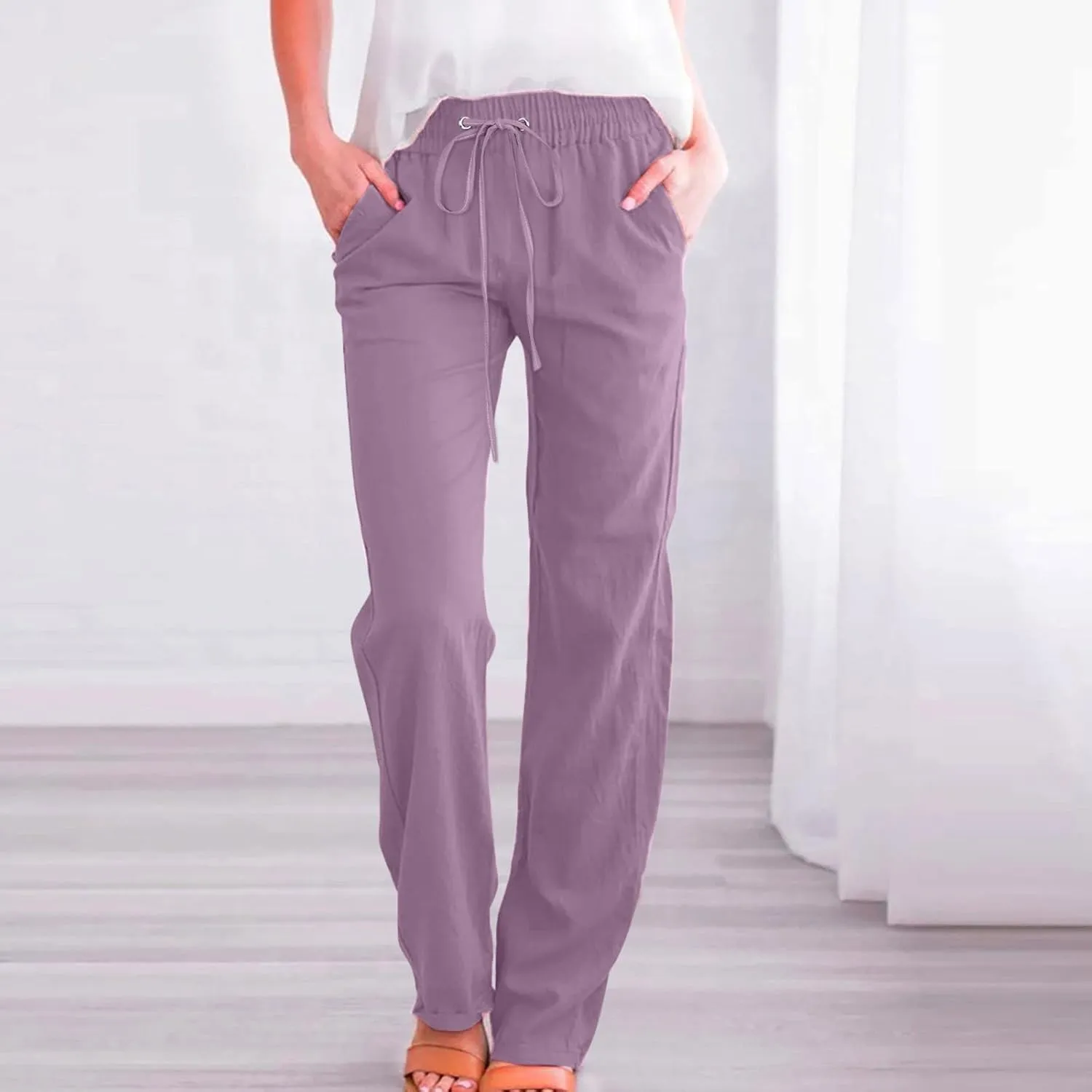 Women Cotton Linen Pants Straight Leg High Waisted Drawstring Pants Summer Casual Lightweight Trousers Beach Pants