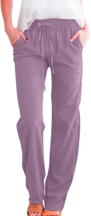 Women Cotton Linen Pants Straight Leg High Waisted Drawstring Pants Summer Casual Lightweight Trousers Beach Pants