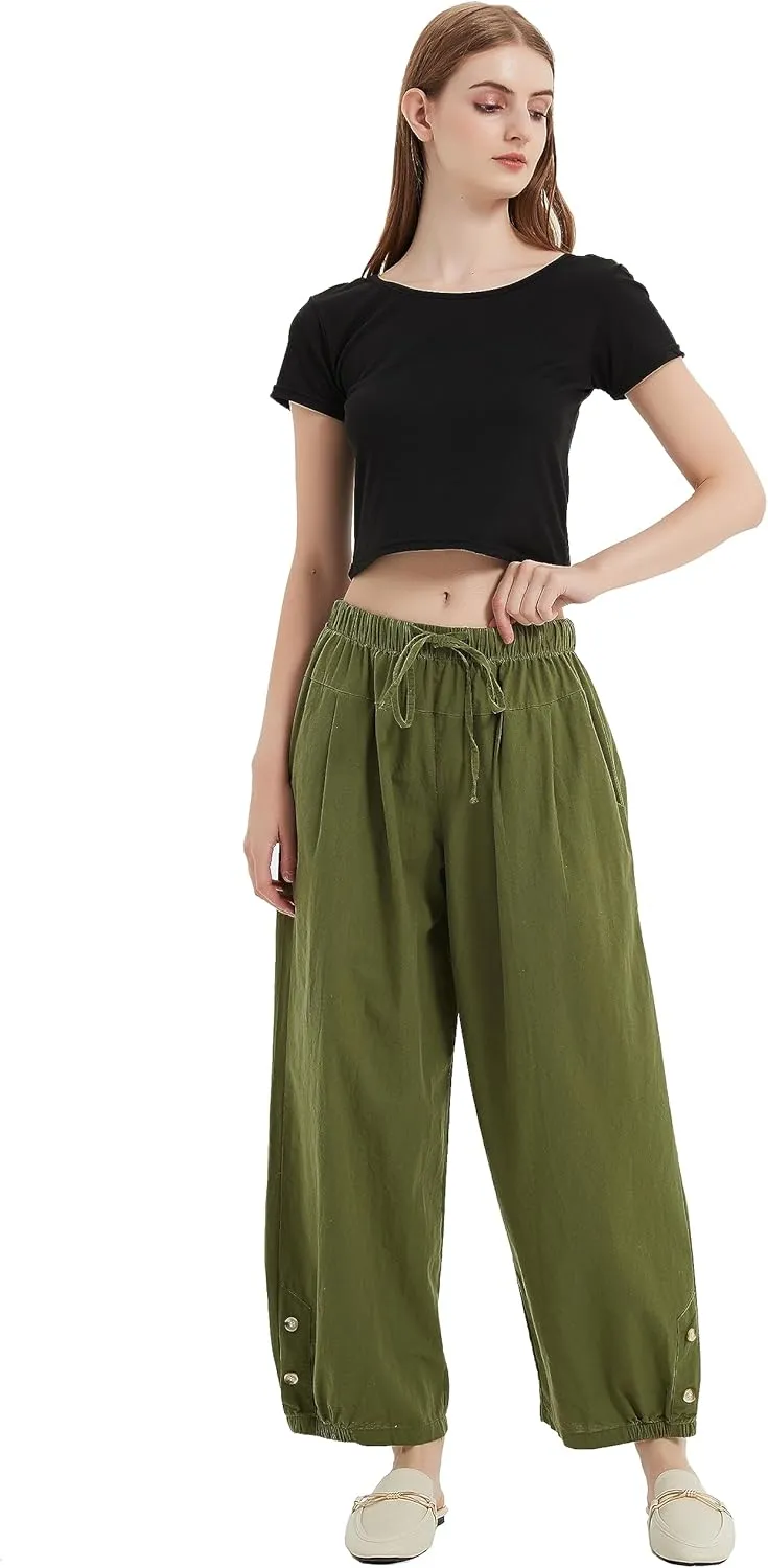Women High Waist Casual Wide Leg Palazzo Pants Linen Drawstring Cropped Pants Trousers Regular Size