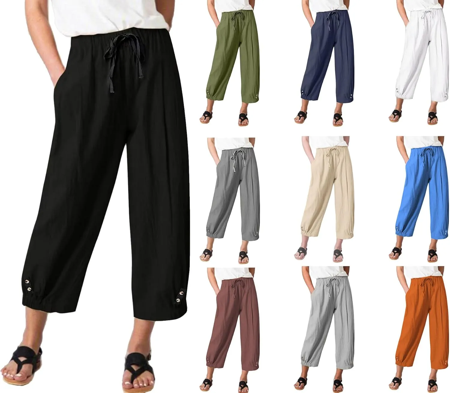 Women High Waist Casual Wide Leg Palazzo Pants Linen Drawstring Cropped Pants Trousers Regular Size