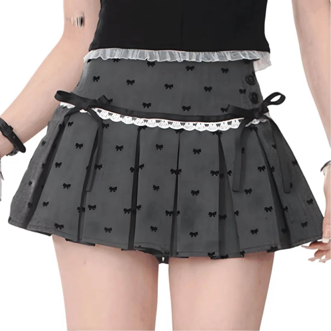 Women Kawaii Gothic Casual Style Zipper Vintage White Lace Trim Bow-Knot Print Grey Pleated Short Skirt