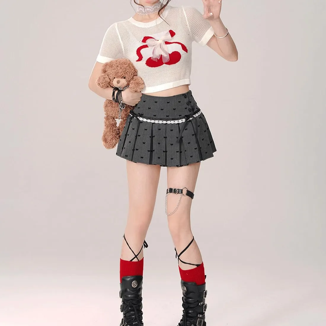 Women Kawaii Gothic Casual Style Zipper Vintage White Lace Trim Bow-Knot Print Grey Pleated Short Skirt