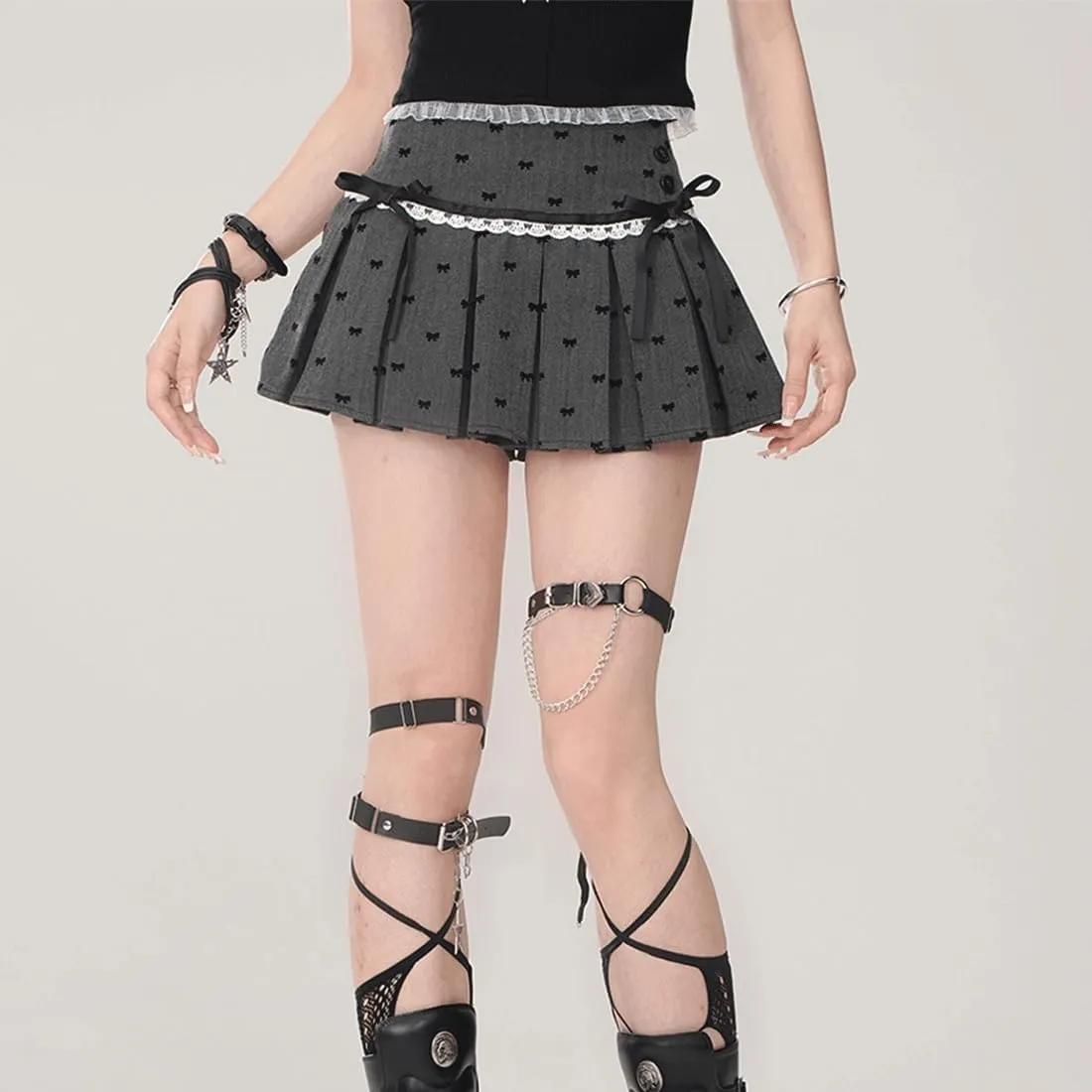 Women Kawaii Gothic Casual Style Zipper Vintage White Lace Trim Bow-Knot Print Grey Pleated Short Skirt