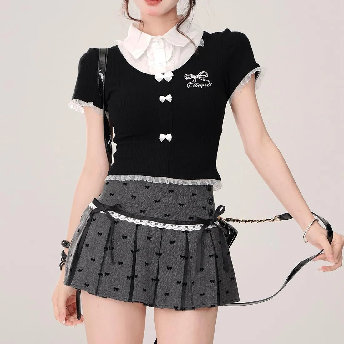 Women Kawaii Gothic Casual Style Zipper Vintage White Lace Trim Bow-Knot Print Grey Pleated Short Skirt