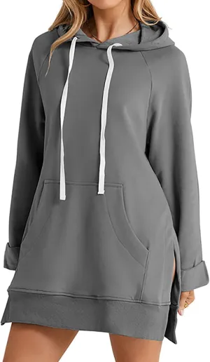 Women Oversized Casual Pullover Long Sleeve Split Hem Hoodie Dress Pullover With Kangaroo Pocket Sweatshirt Tops