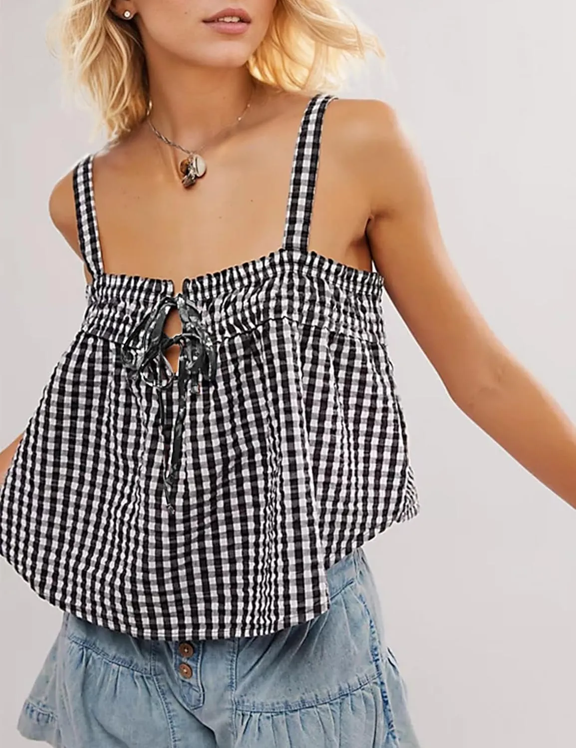 Women Plaid Cropped Camisole Tops Ruched Tie Front Square Neck Backless Loose Cute Crop Cami Tank Adjustable Top