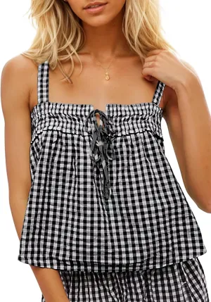 Women Plaid Cropped Camisole Tops Ruched Tie Front Square Neck Backless Loose Cute Crop Cami Tank Adjustable Top