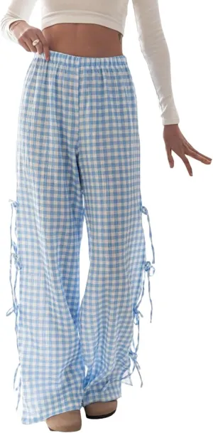Women Plaid Pants Y2K Casual Drawstring High Waist Straight Leg Trousers Tie Up Lounge Pants Streetwear