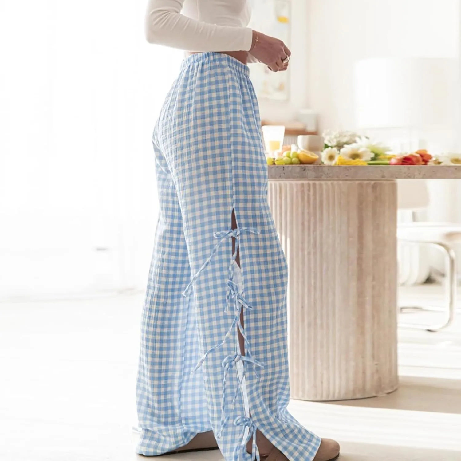 Women Plaid Pants Y2K Casual Drawstring High Waist Straight Leg Trousers Tie Up Lounge Pants Streetwear