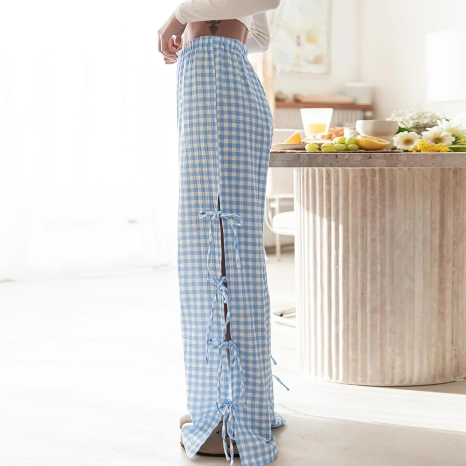 Women Plaid Pants Y2K Casual Drawstring High Waist Straight Leg Trousers Tie Up Lounge Pants Streetwear