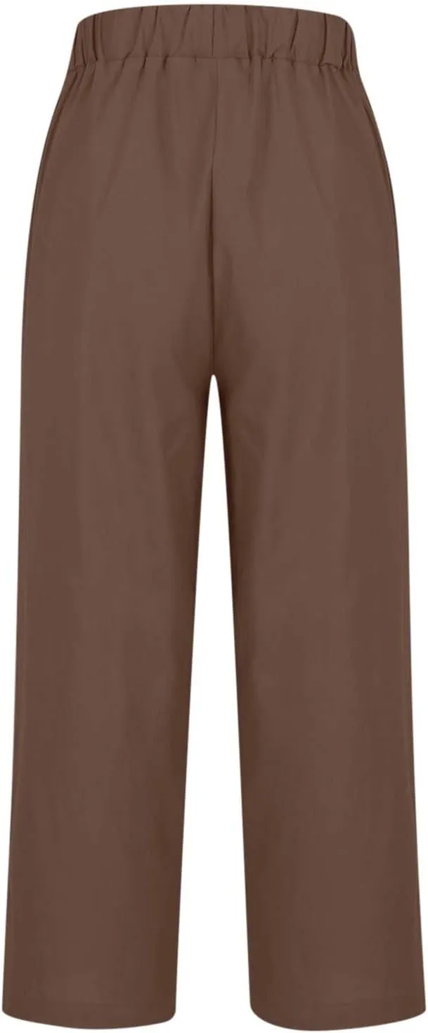 Women Plus Size Linen Pants Summer Casual Cotton Wide Leg Elastic High Waisted Loose Fit Long Trousers with Pockets