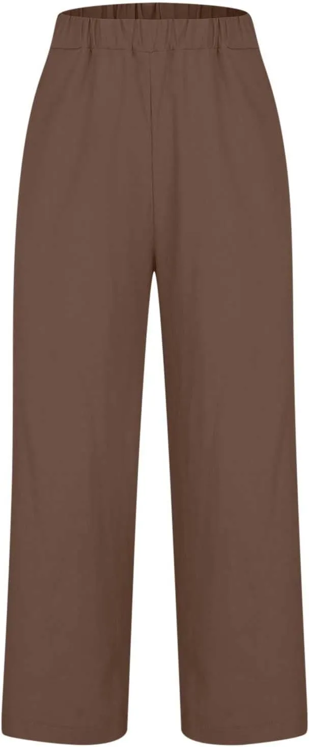 Women Plus Size Linen Pants Summer Casual Cotton Wide Leg Elastic High Waisted Loose Fit Long Trousers with Pockets