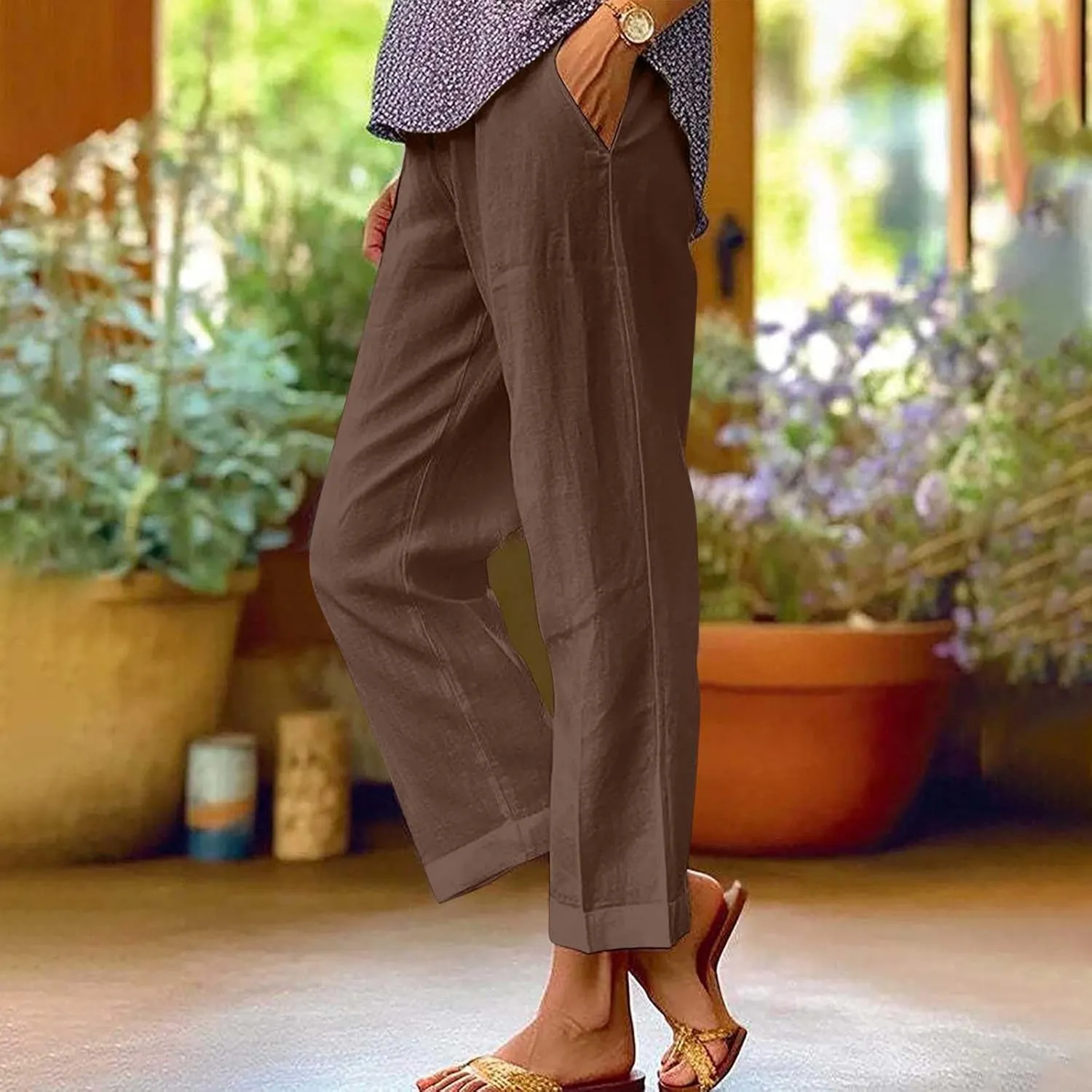 Women Plus Size Linen Pants Summer Casual Cotton Wide Leg Elastic High Waisted Loose Fit Long Trousers with Pockets