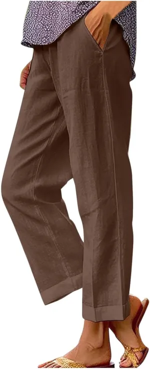 Women Plus Size Linen Pants Summer Casual Cotton Wide Leg Elastic High Waisted Loose Fit Long Trousers with Pockets