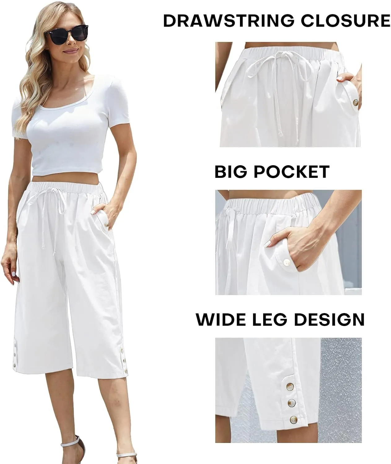 Women Pocket Pants Lightweight Wide Leg Drawstring Elastic Waist Yoga Lounge Cropped Pants