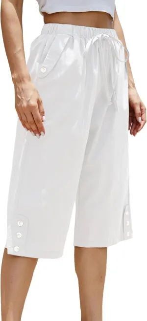 Women Pocket Pants Lightweight Wide Leg Drawstring Elastic Waist Yoga Lounge Cropped Pants