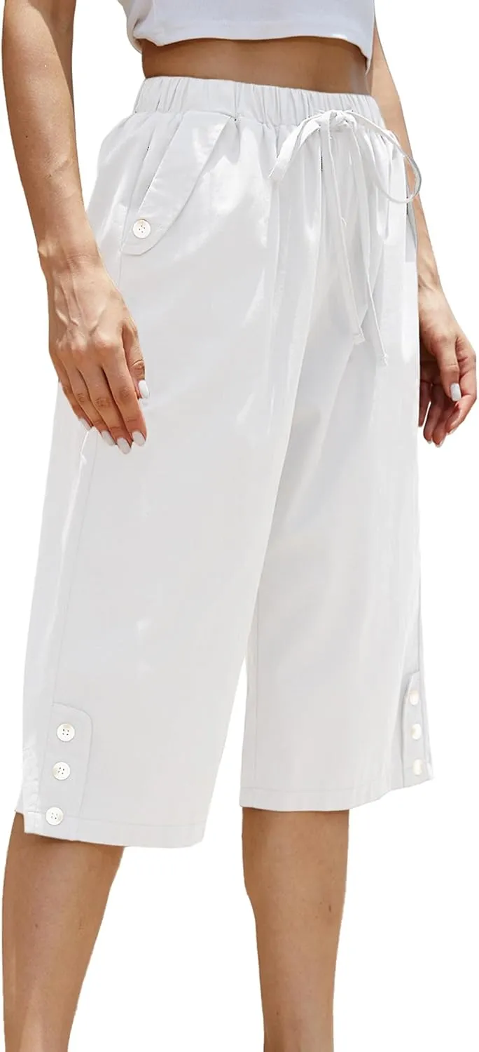 Women Pocket Pants Lightweight Wide Leg Drawstring Elastic Waist Yoga Lounge Cropped Pants