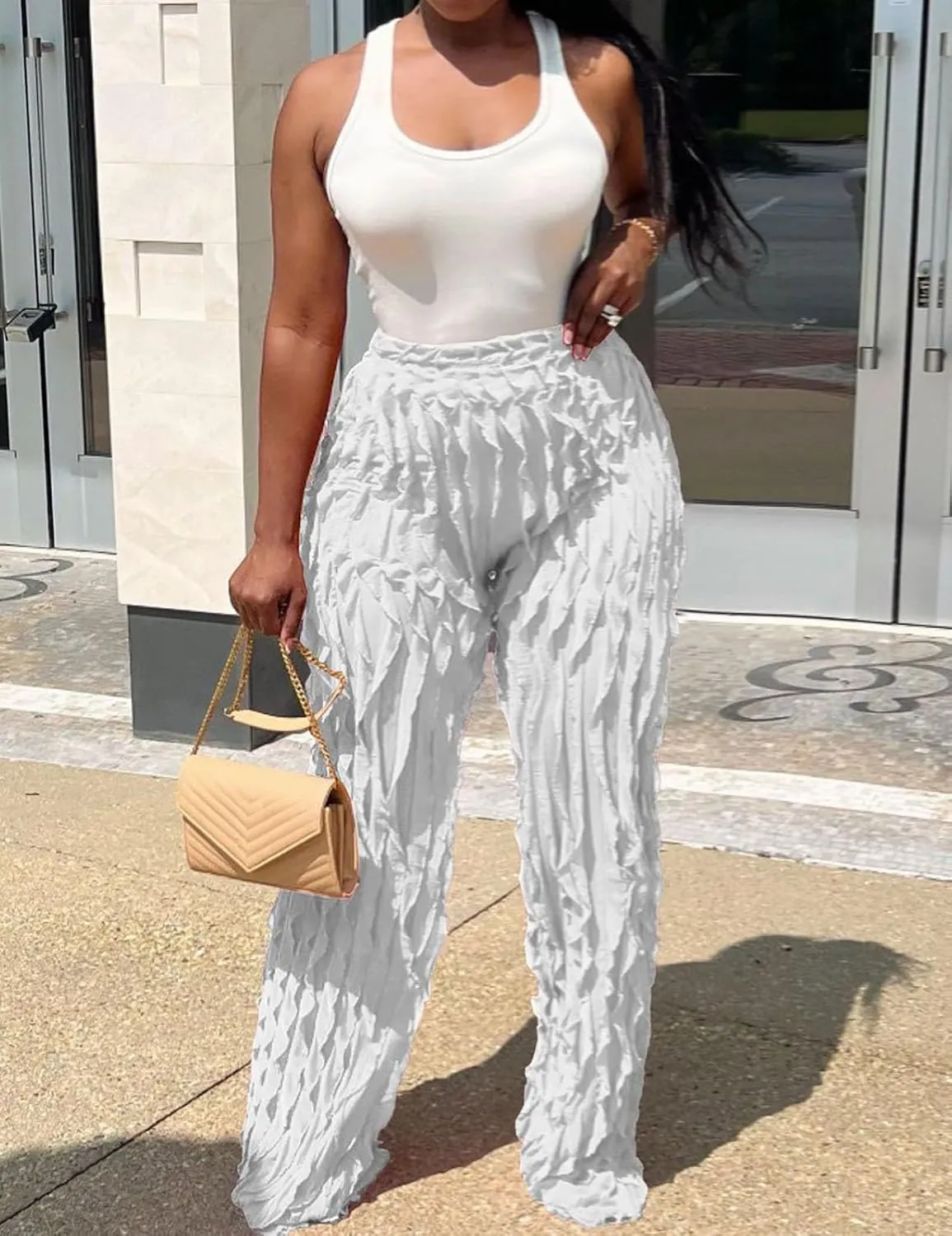 Women Sexy See Through Ruffle Wave Wide Leg Palazzo Pants Tassel Sheer Mesh High Waist Long Trousers Clubwear