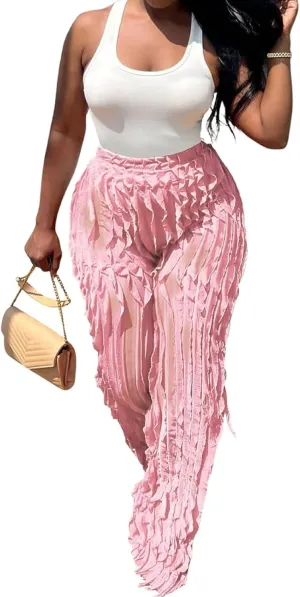 Women Sexy See Through Ruffle Wave Wide Leg Palazzo Pants Tassel Sheer Mesh High Waist Long Trousers Clubwear
