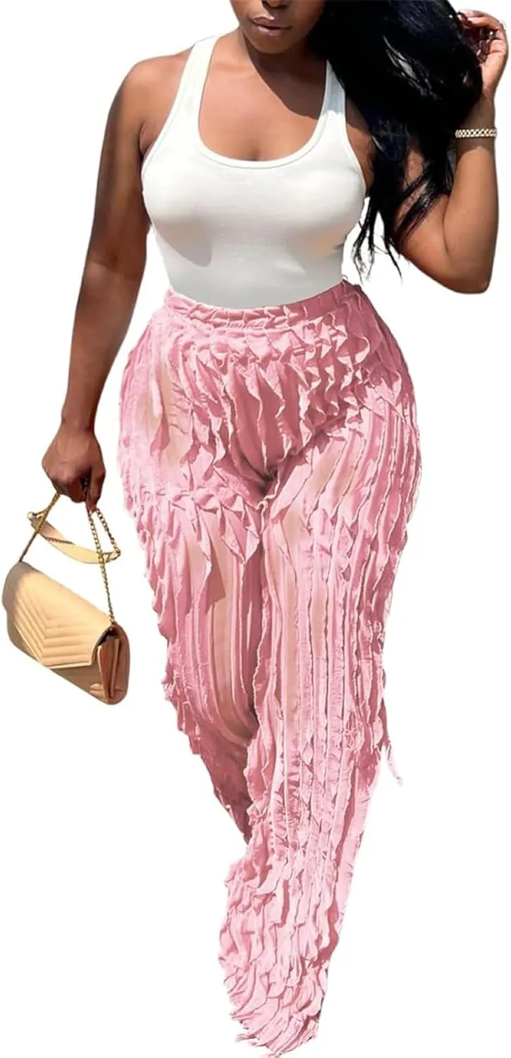 Women Sexy See Through Ruffle Wave Wide Leg Palazzo Pants Tassel Sheer Mesh High Waist Long Trousers Clubwear