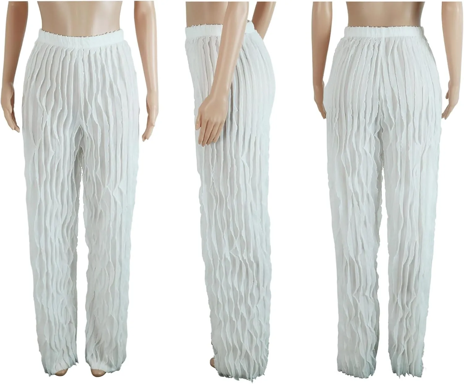 Women Sexy See Through Ruffle Wave Wide Leg Palazzo Pants Tassel Sheer Mesh High Waist Long Trousers Clubwear