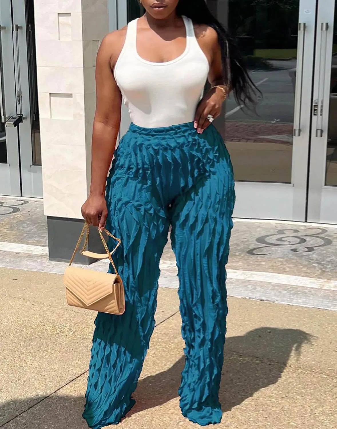 Women Sexy See Through Ruffle Wave Wide Leg Palazzo Pants Tassel Sheer Mesh High Waist Long Trousers Clubwear