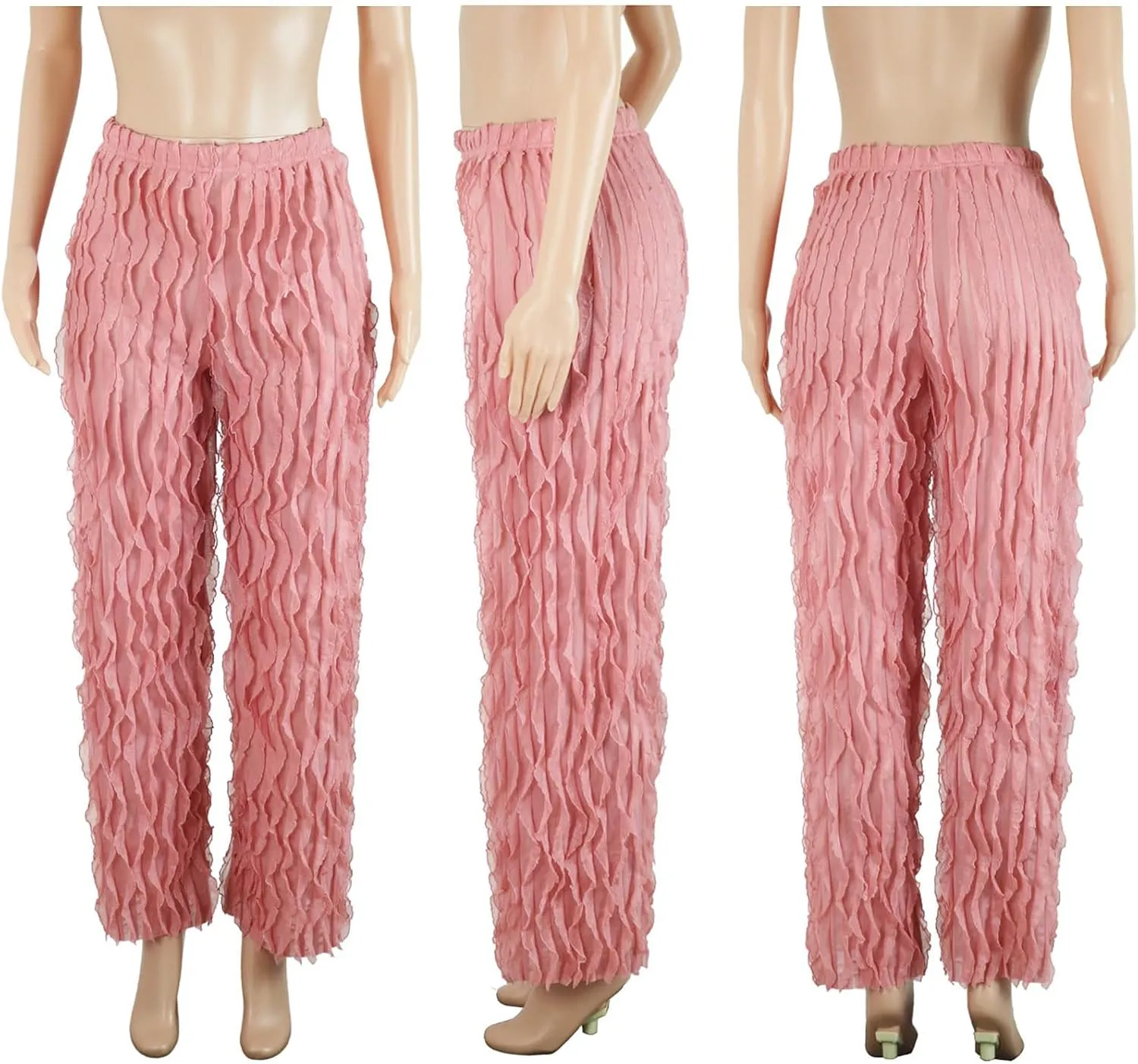 Women Sexy See Through Ruffle Wave Wide Leg Palazzo Pants Tassel Sheer Mesh High Waist Long Trousers Clubwear