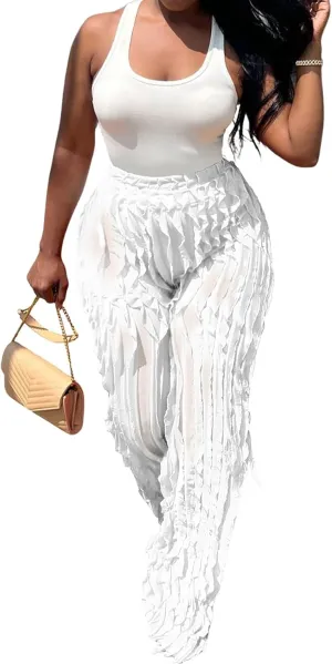 Women Sexy See Through Ruffle Wave Wide Leg Palazzo Pants Tassel Sheer Mesh High Waist Long Trousers Clubwear