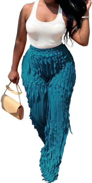 Women Sexy See Through Ruffle Wave Wide Leg Palazzo Pants Tassel Sheer Mesh High Waist Long Trousers Clubwear