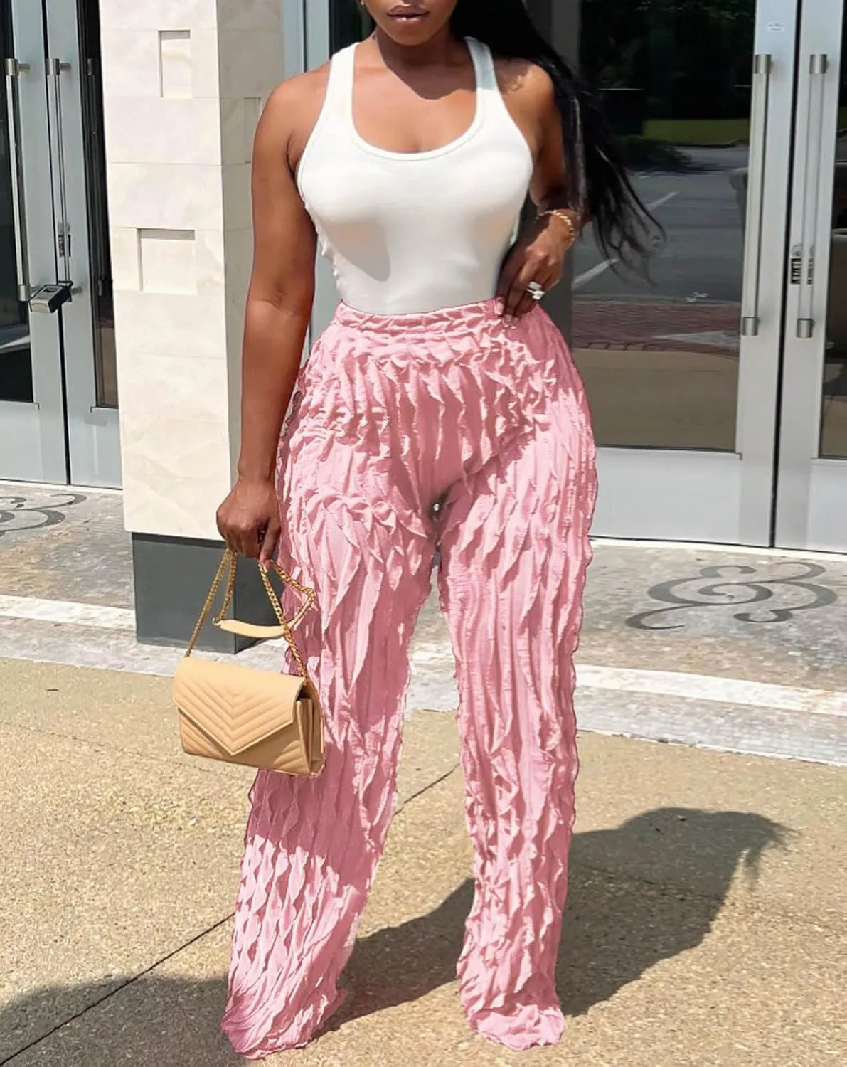 Women Sexy See Through Ruffle Wave Wide Leg Palazzo Pants Tassel Sheer Mesh High Waist Long Trousers Clubwear