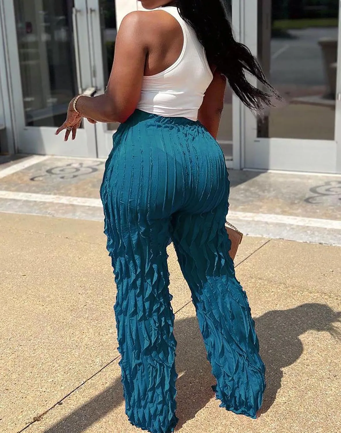 Women Sexy See Through Ruffle Wave Wide Leg Palazzo Pants Tassel Sheer Mesh High Waist Long Trousers Clubwear