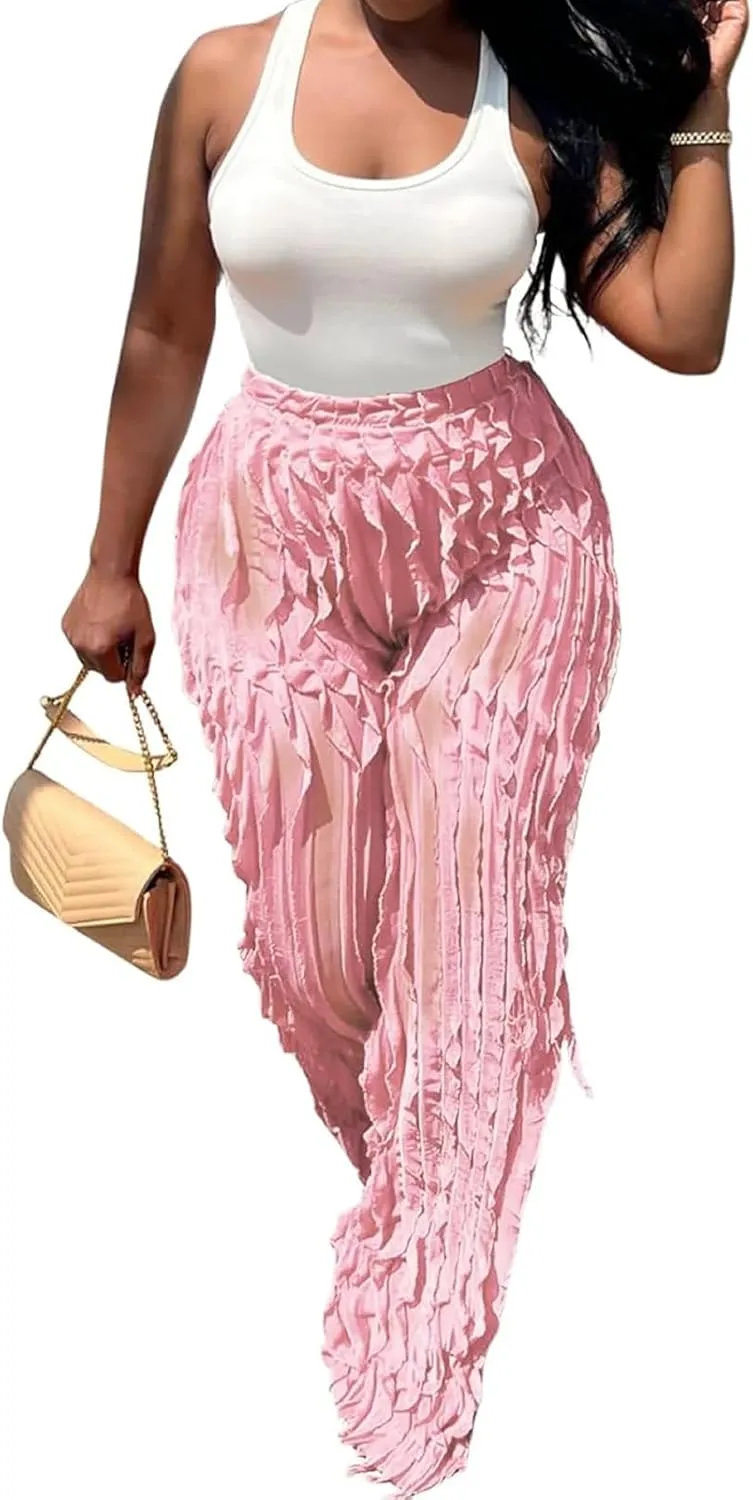 Women Sexy See Through Ruffle Wave Wide Leg Palazzo Pants Tassel Sheer Mesh High Waist Long Trousers Clubwear