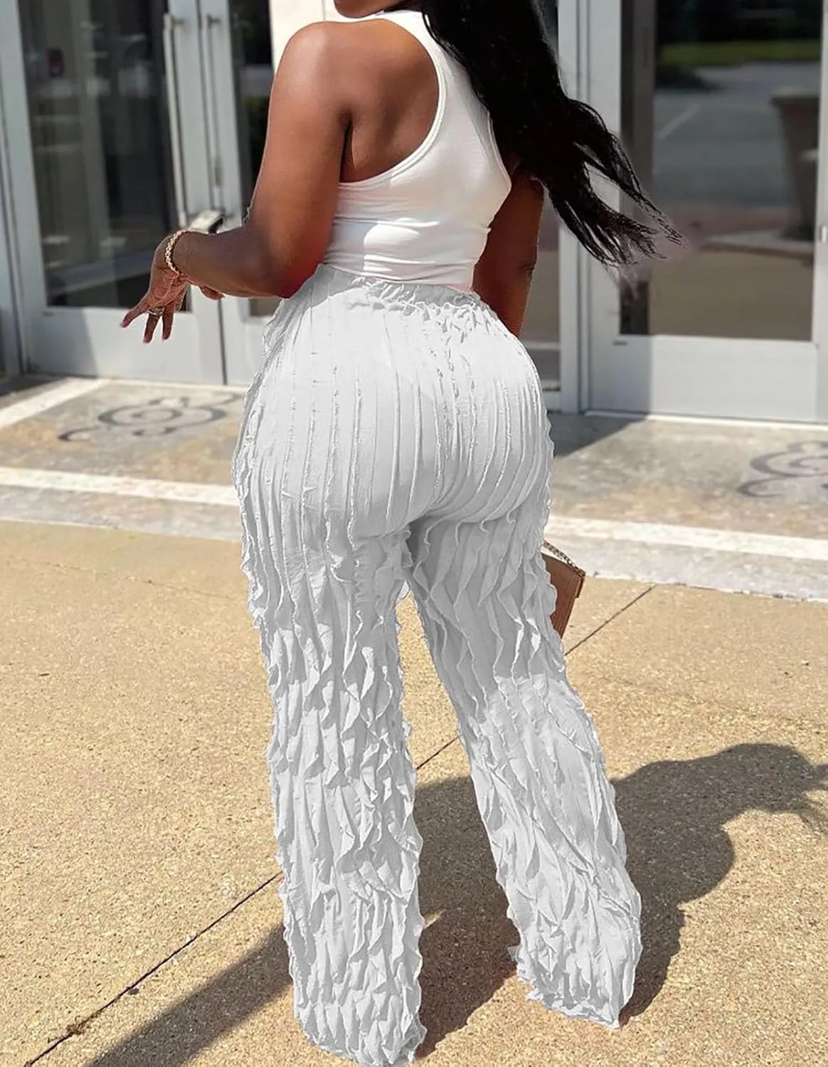 Women Sexy See Through Ruffle Wave Wide Leg Palazzo Pants Tassel Sheer Mesh High Waist Long Trousers Clubwear