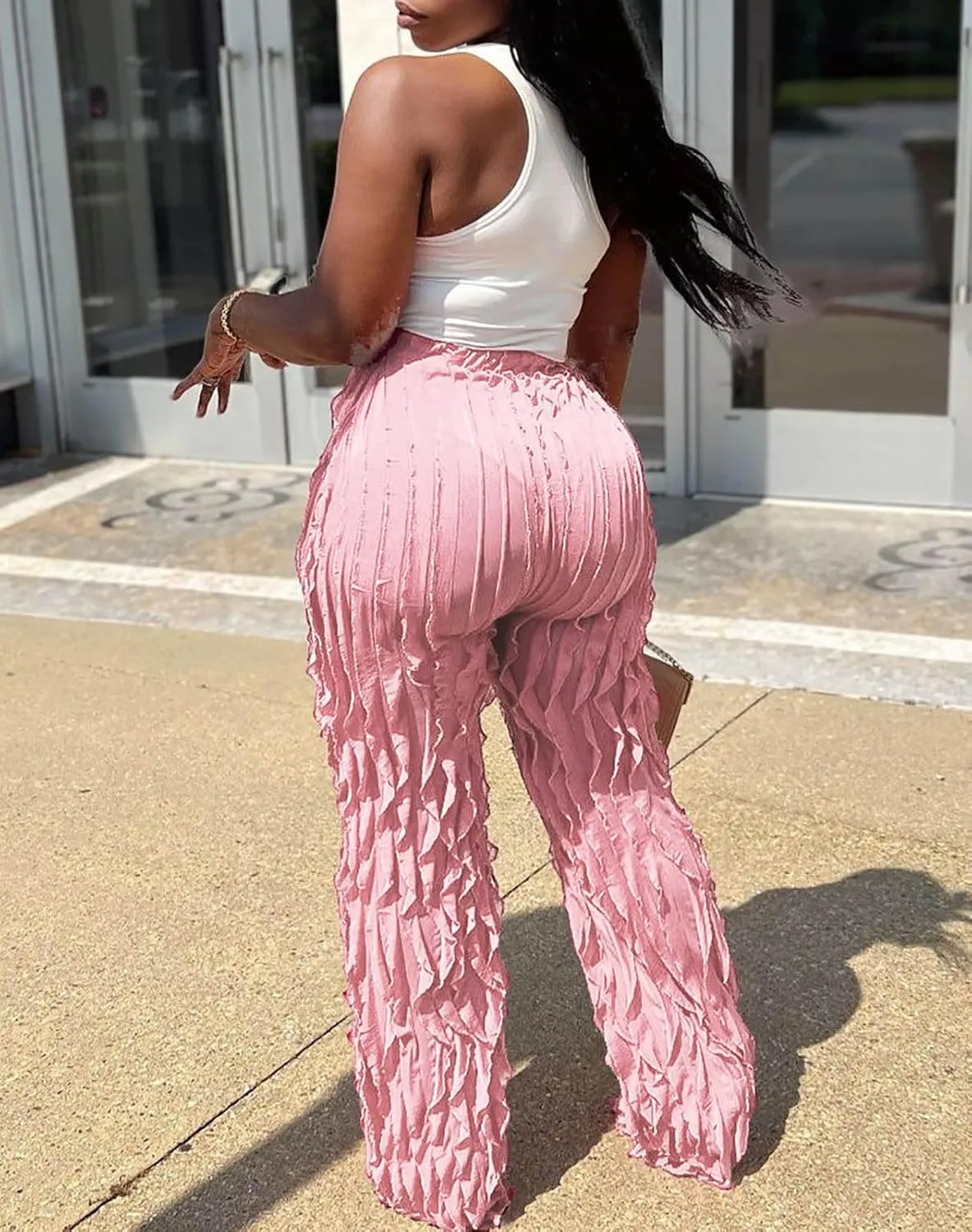 Women Sexy See Through Ruffle Wave Wide Leg Palazzo Pants Tassel Sheer Mesh High Waist Long Trousers Clubwear