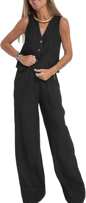Women Two Piece Outfits Button V Neck Vest Top Blazer Wide Leg Pants Suit Business Summer Lounge Matching Set