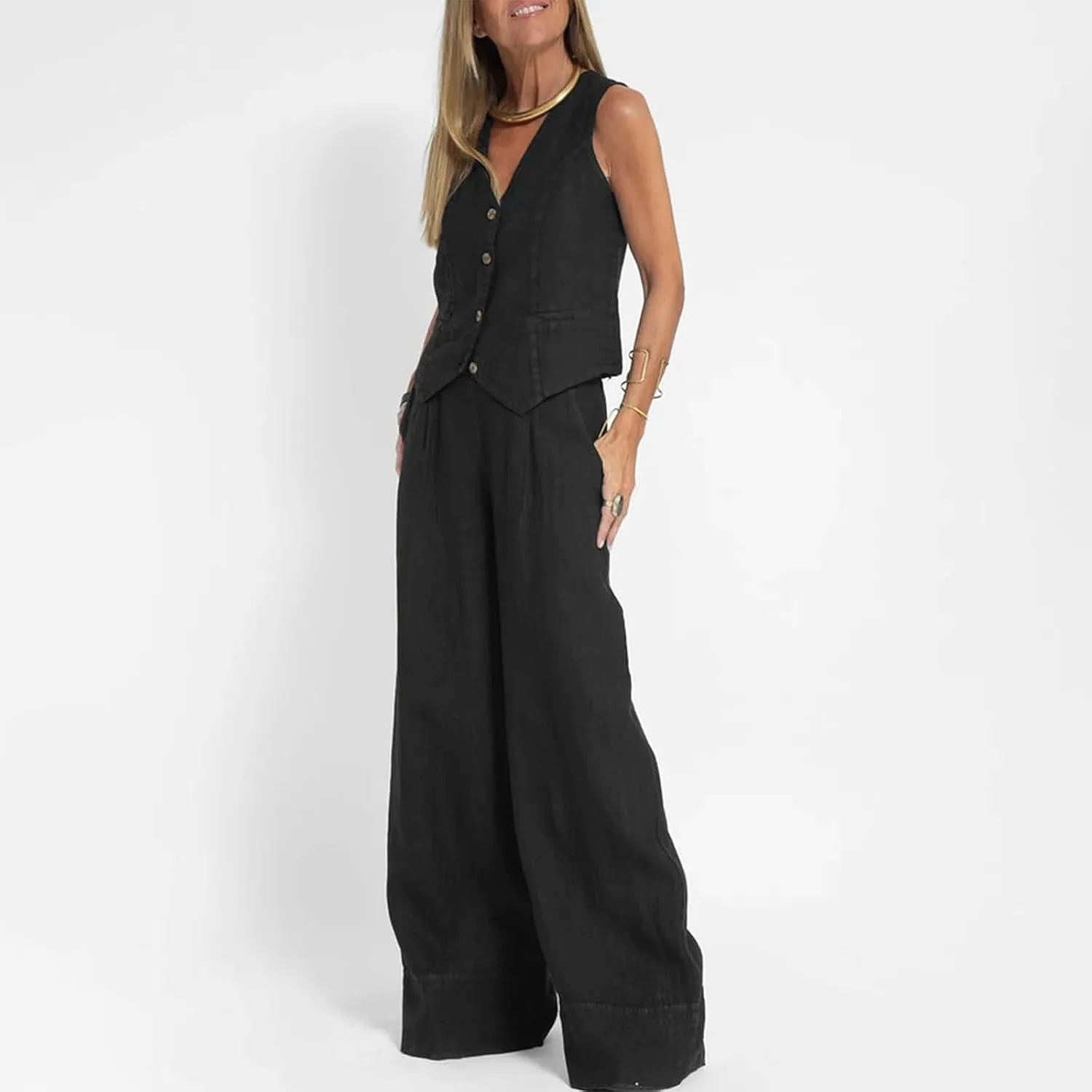 Women Two Piece Outfits Button V Neck Vest Top Blazer Wide Leg Pants Suit Business Summer Lounge Matching Set