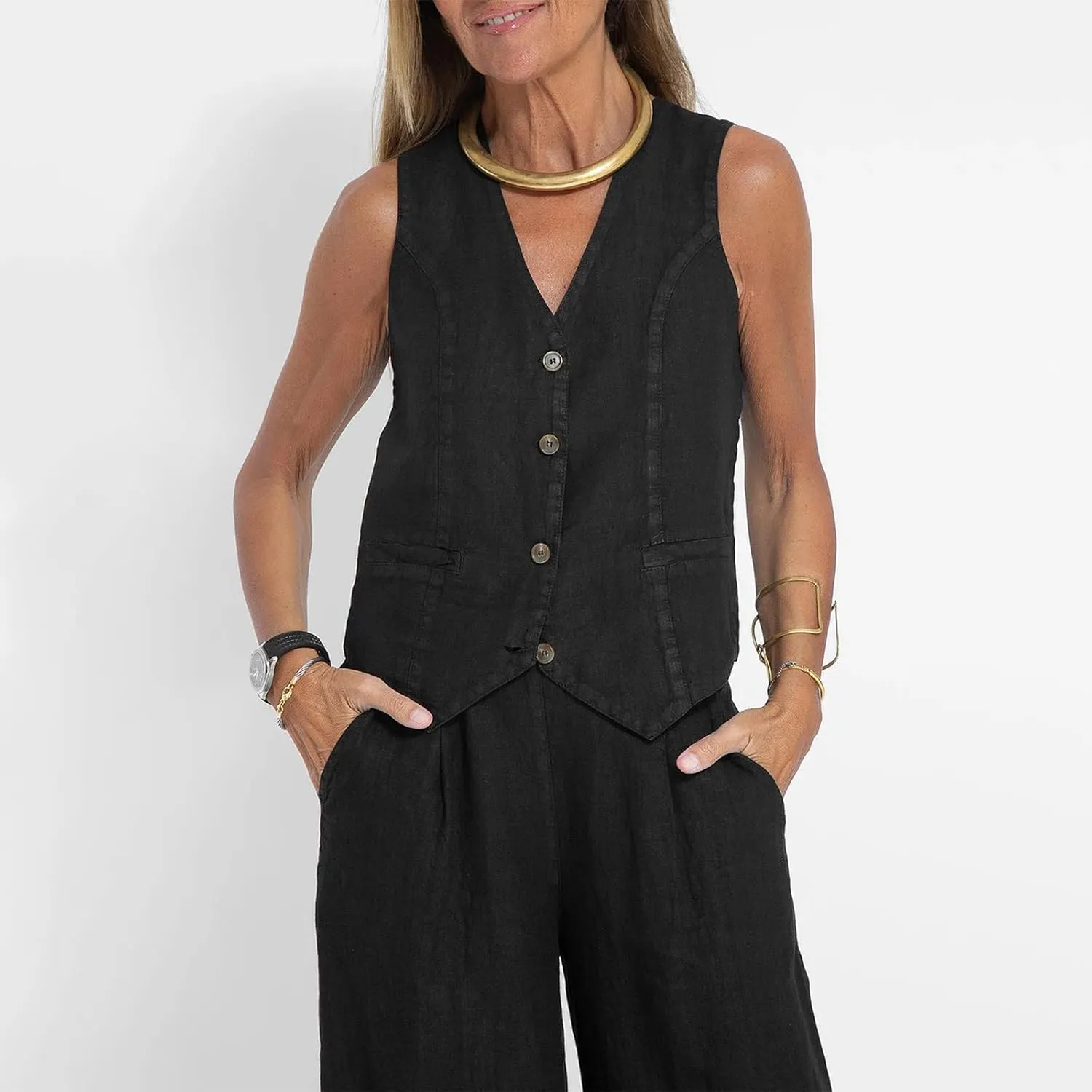Women Two Piece Outfits Button V Neck Vest Top Blazer Wide Leg Pants Suit Business Summer Lounge Matching Set