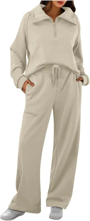 Womens 2 Piece Outfits Lounge Half Zip Hoodie Sweatsuit Sets Oversized Sweatshirt Baggy Fall Fashion Sweatpants Khaki