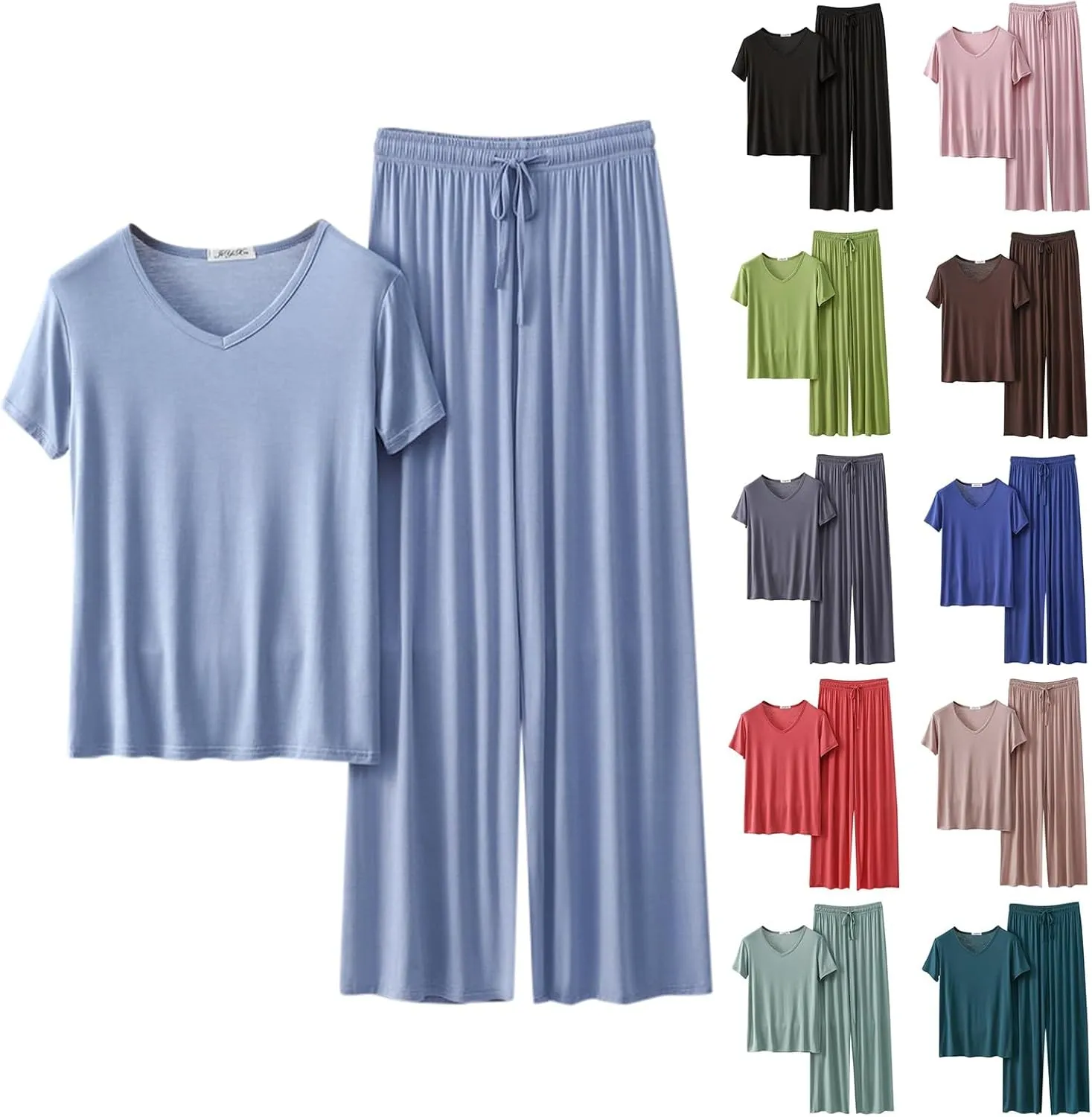 Womens 2 Piece Outfits Summer Casual Loose Short Sleeve Pullover Tops & Wide Leg Pants Lounge Sets Tracksuit Pjs New