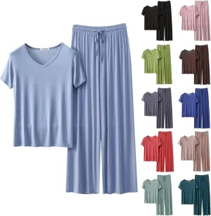 Womens 2 Piece Outfits Summer Casual Loose Short Sleeve Pullover Tops & Wide Leg Pants Lounge Sets Tracksuit Pjs New