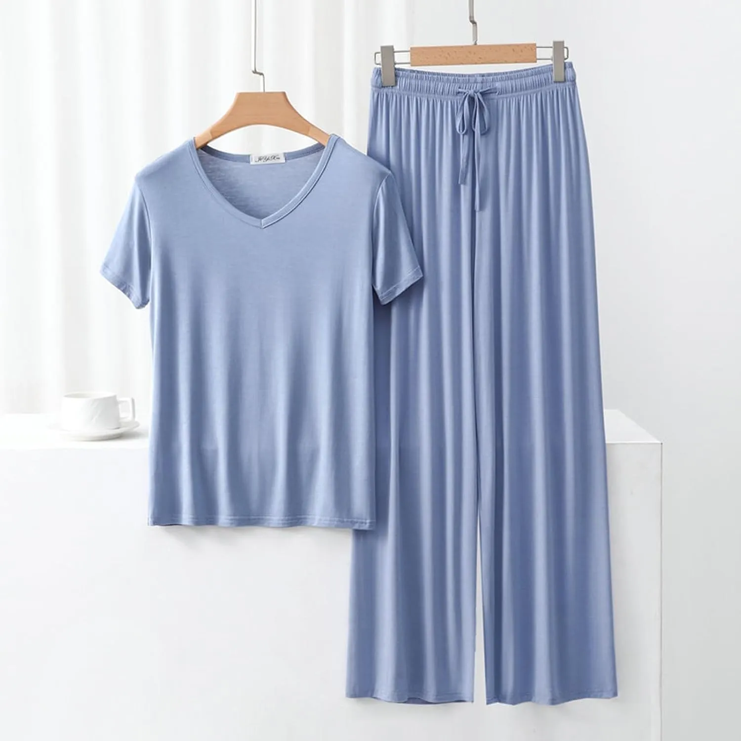 Womens 2 Piece Outfits Summer Casual Loose Short Sleeve Pullover Tops & Wide Leg Pants Lounge Sets Tracksuit Pjs New