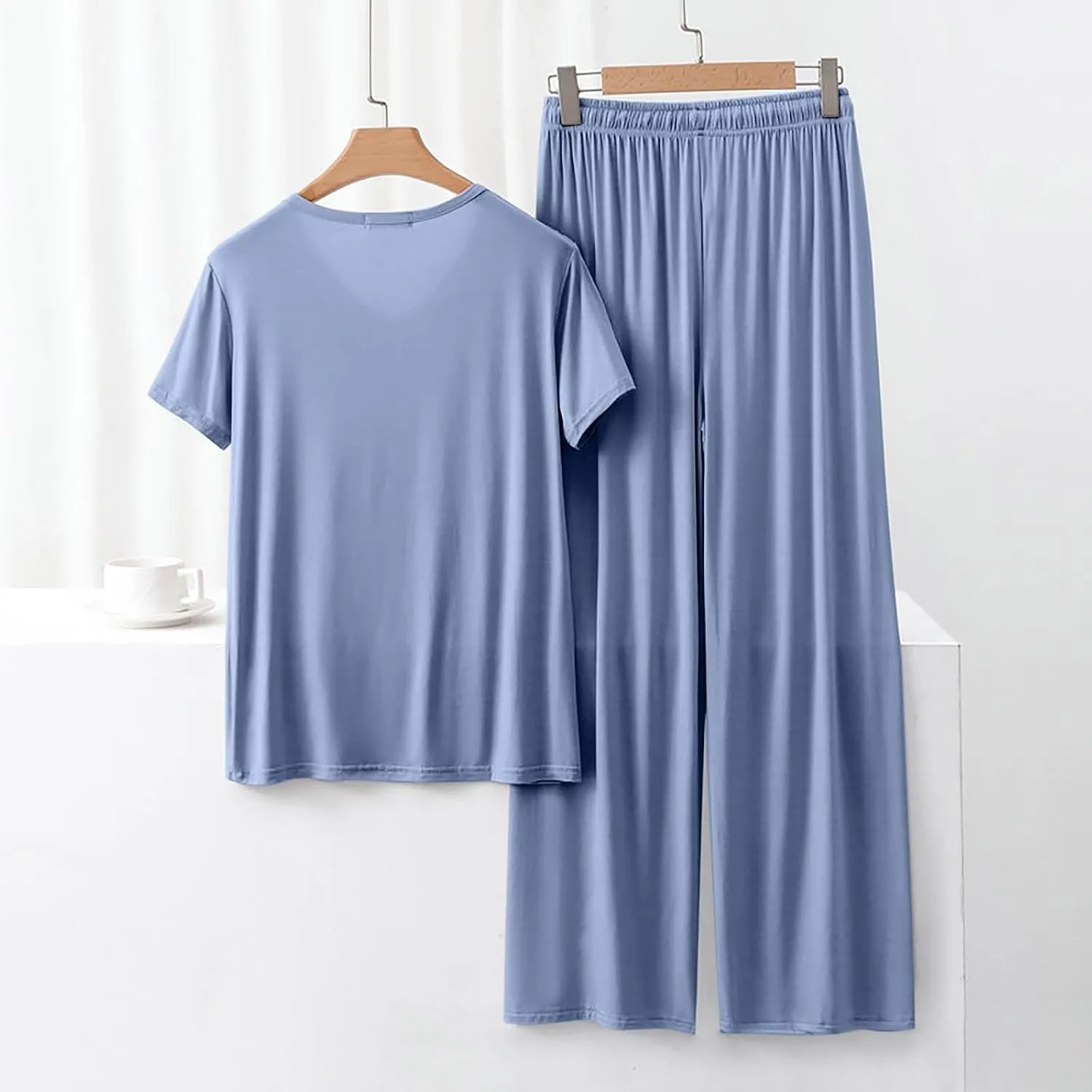 Womens 2 Piece Outfits Summer Casual Loose Short Sleeve Pullover Tops & Wide Leg Pants Lounge Sets Tracksuit Pjs New