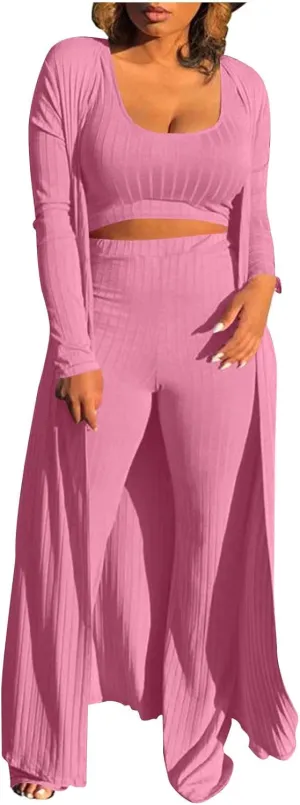 Women's 3 Piece Matching Set Ribbed Knit Lounge Sets Tank Cardigan and High Waist Pants Pajamas Loungewear Outfits