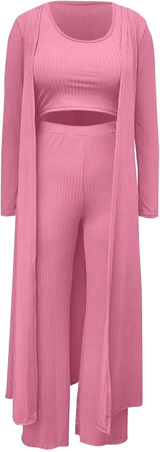 Women's 3 Piece Matching Set Ribbed Knit Lounge Sets Tank Cardigan and High Waist Pants Pajamas Loungewear Outfits