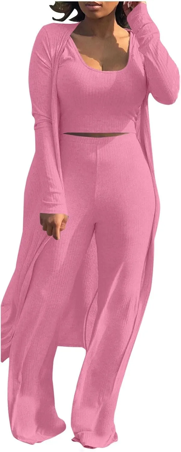 Women's 3 Piece Matching Set Ribbed Knit Lounge Sets Tank Cardigan and High Waist Pants Pajamas Loungewear Outfits