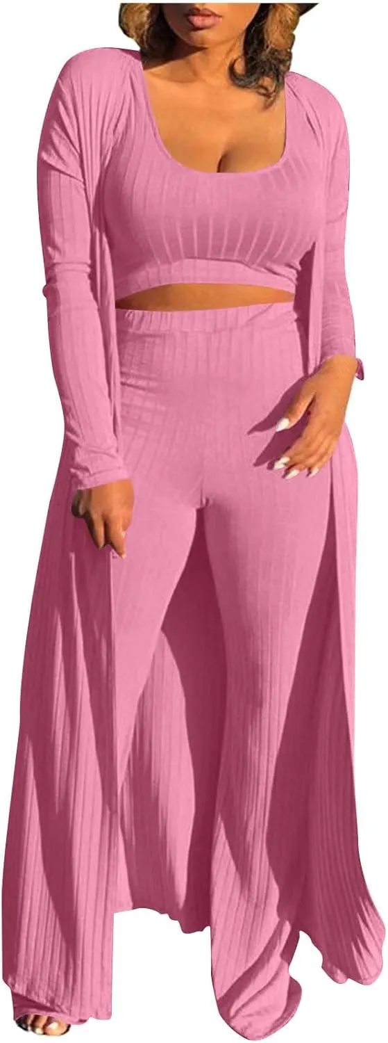 Women's 3 Piece Matching Set Ribbed Knit Lounge Sets Tank Cardigan and High Waist Pants Pajamas Loungewear Outfits