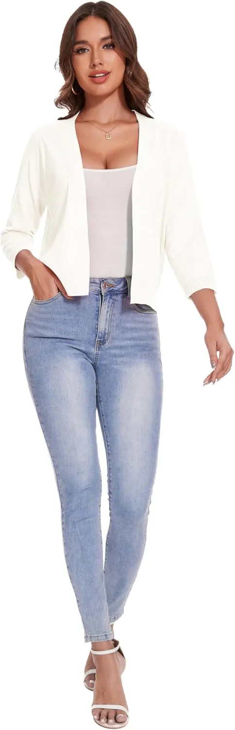 Women's 3/4 Sleeve Open Front Cropped Cardigan Solid Shrugs Lightweight Knit Sweater